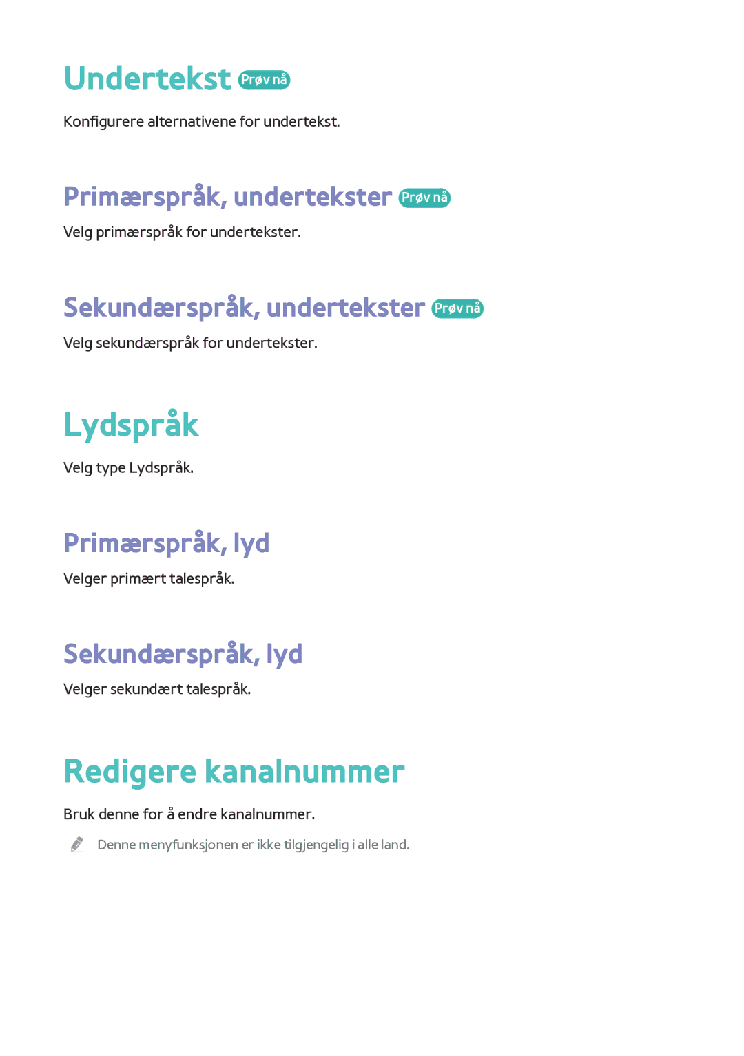 Samsung BD-F8900N/XE, BD-F8500N/XE manual Undertekst Prøv nå, Lydspråk, Redigere kanalnummer 