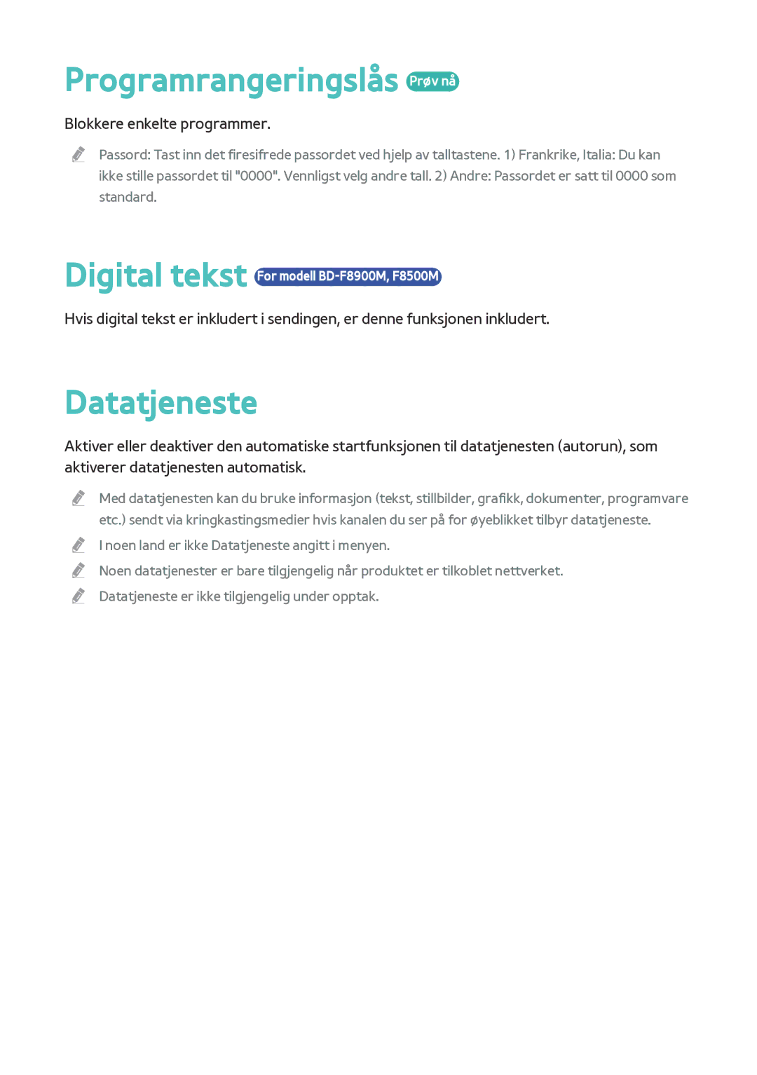 Samsung BD-F8500N/XE, BD-F8900N/XE manual Programrangeringslås Prøv nå, Datatjeneste 