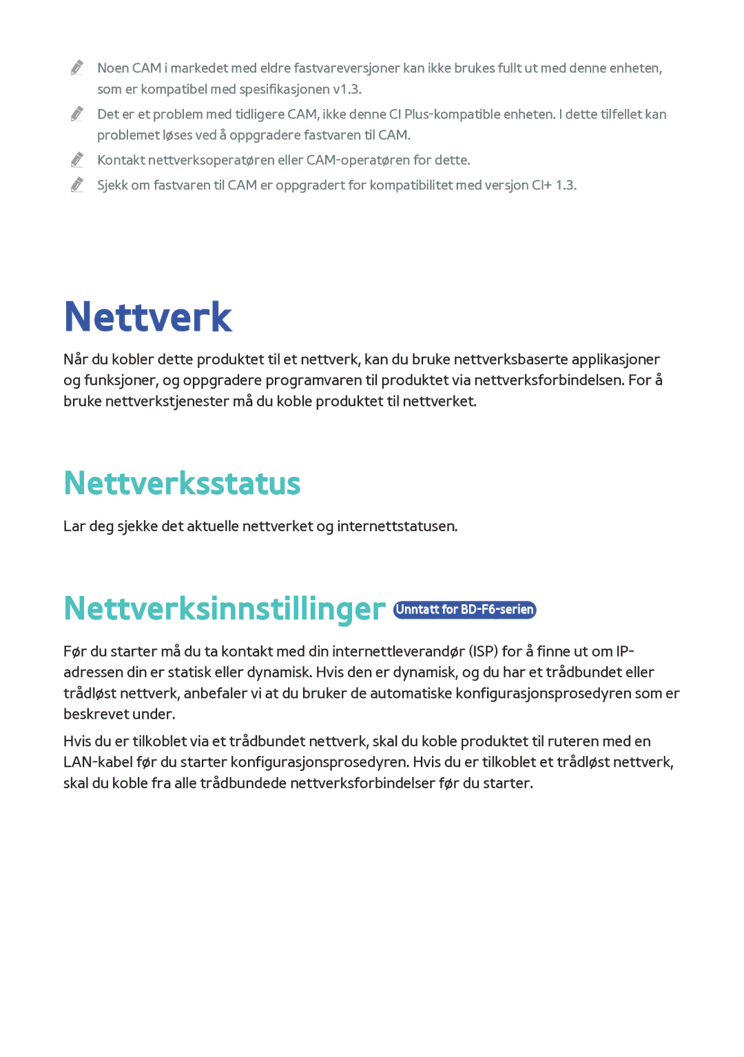 Samsung BD-F8900N/XE, BD-F8500N/XE manual Nettverksstatus 