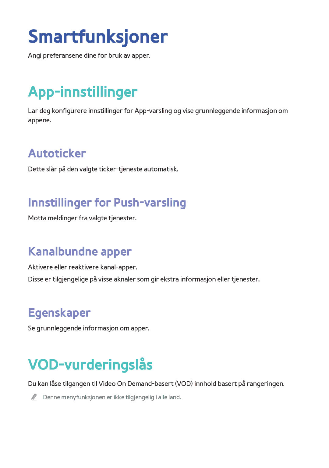 Samsung BD-F8500N/XE, BD-F8900N/XE manual Smartfunksjoner, App-innstillinger, VOD-vurderingslås 