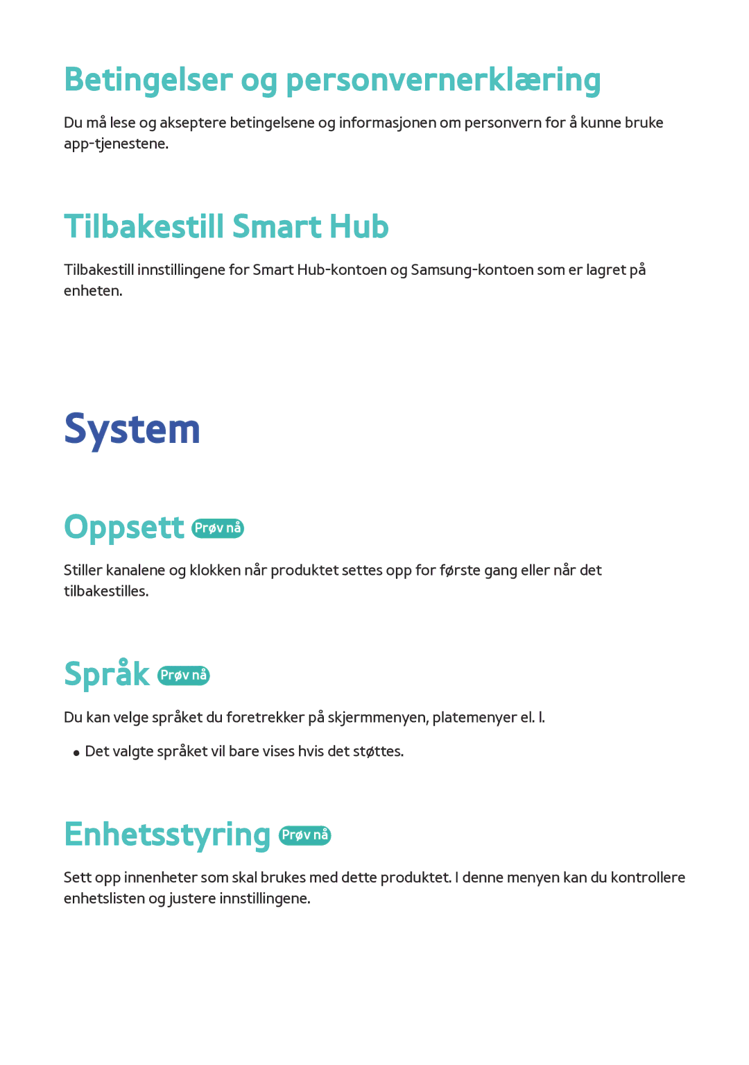 Samsung BD-F8900N/XE, BD-F8500N/XE System, Betingelser og personvernerklæring, Tilbakestill Smart Hub, Oppsett Prøv nå 