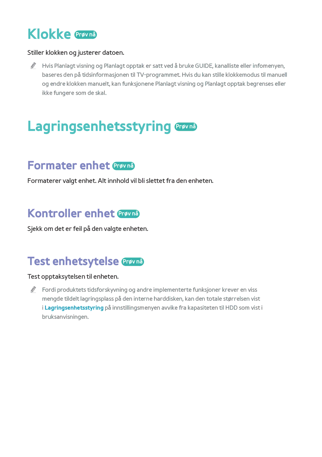 Samsung BD-F8900N/XE manual Klokke Prøv nå, Lagringsenhetsstyring Prøv nå, Formater enhet Prøv nå, Kontroller enhet Prøv nå 