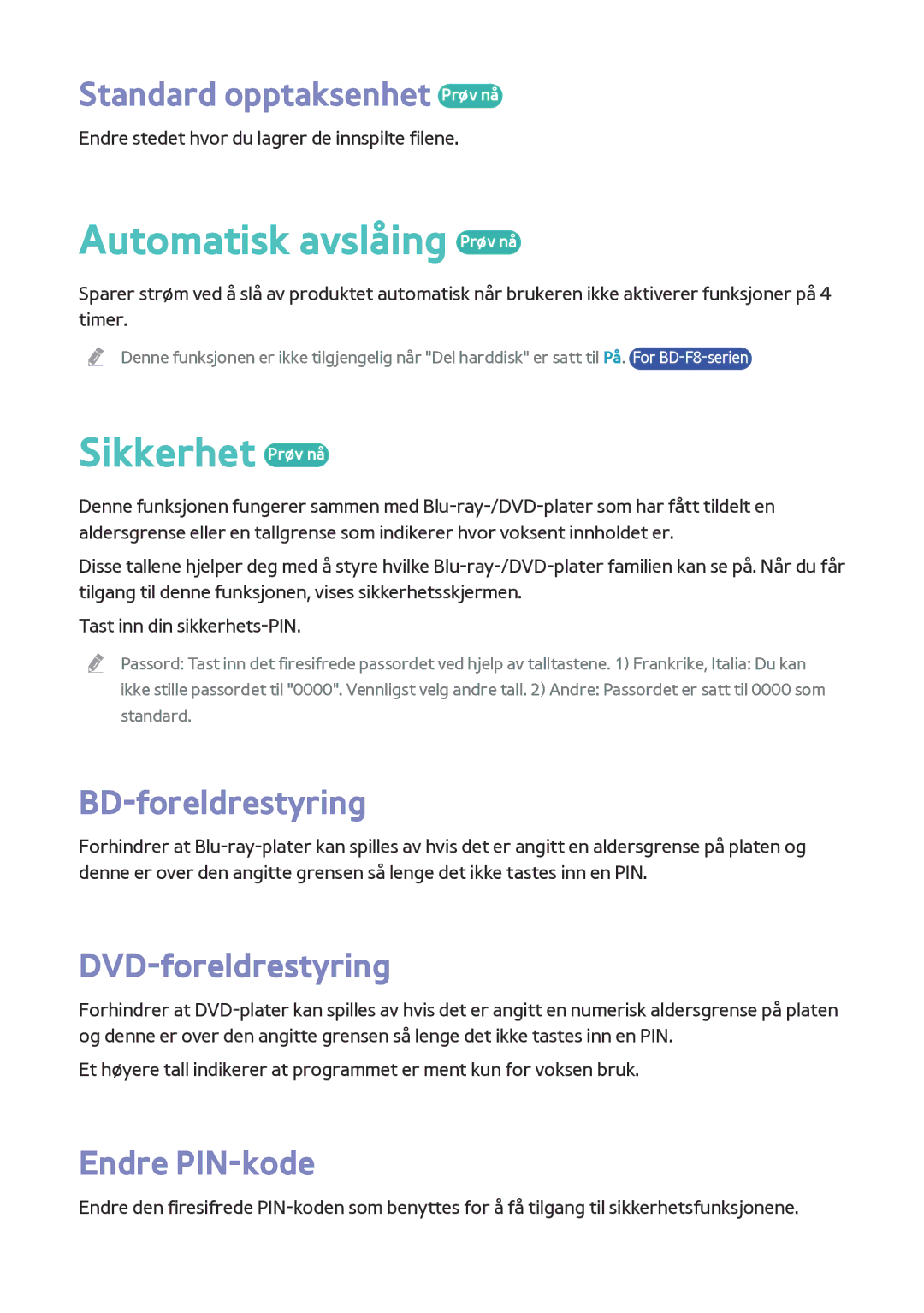 Samsung BD-F8500N/XE, BD-F8900N/XE manual Automatisk avslåing Prøv nå, Sikkerhet Prøv nå 