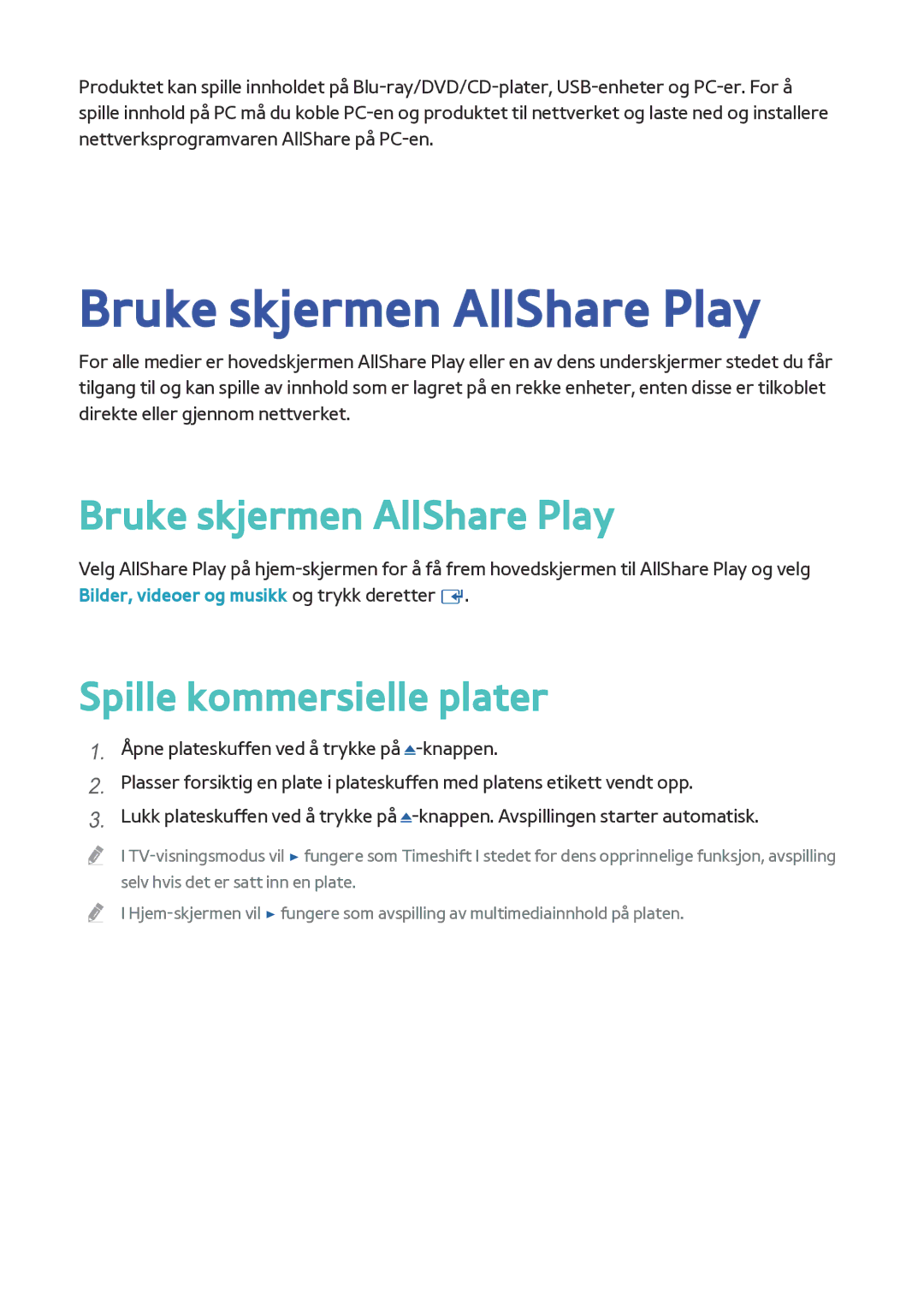 Samsung BD-F8500N/XE, BD-F8900N/XE manual Bruke skjermen AllShare Play, Spille kommersielle plater 