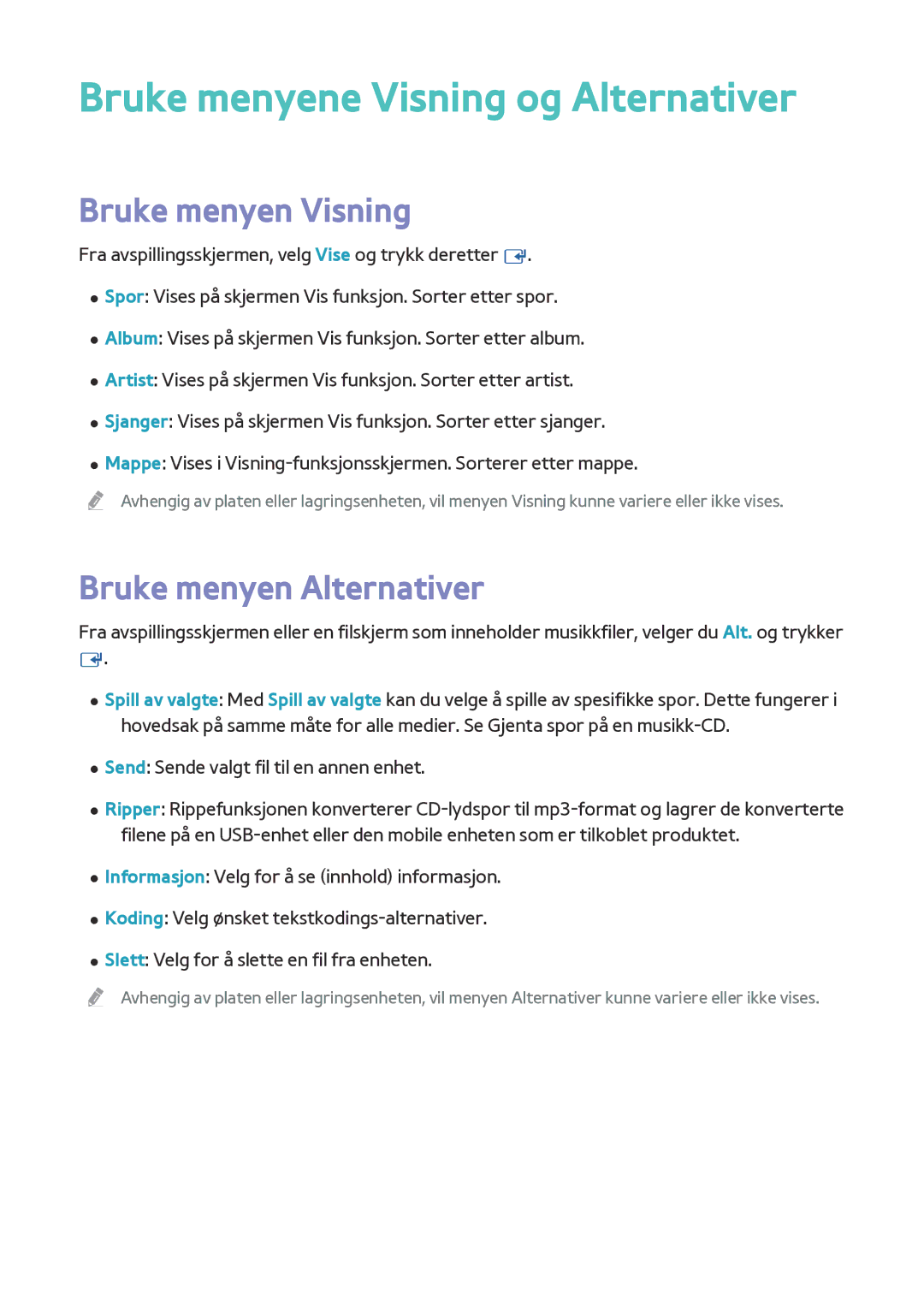 Samsung BD-F8500N/XE, BD-F8900N/XE manual Bruke menyene Visning og Alternativer 