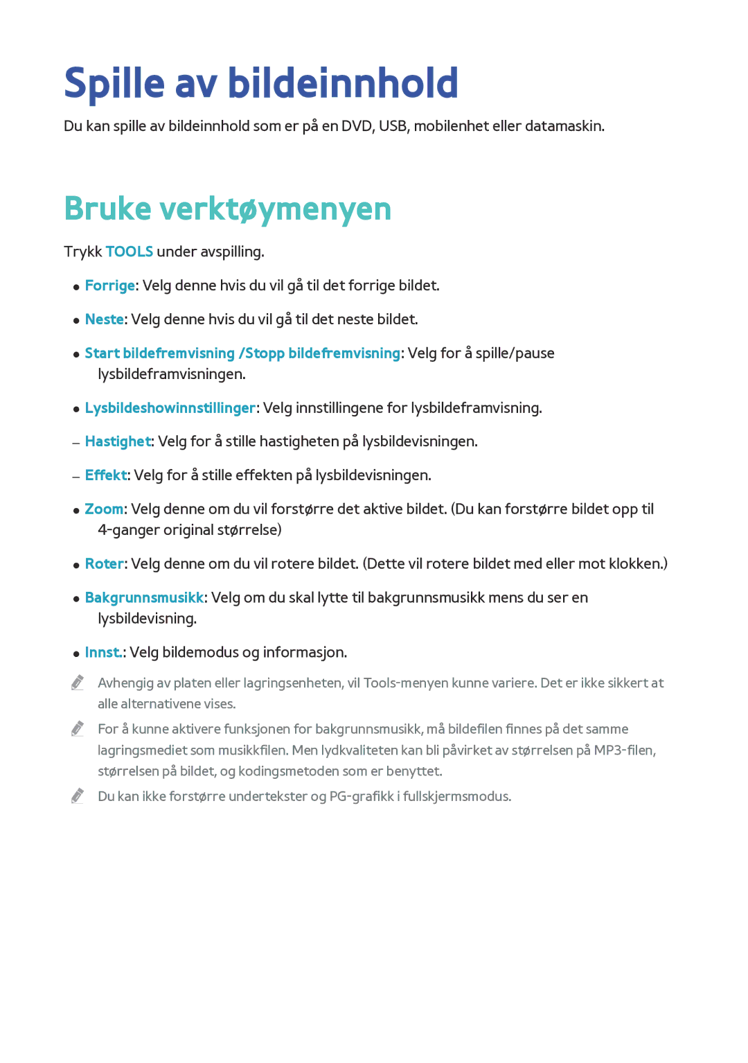 Samsung BD-F8500N/XE, BD-F8900N/XE manual Spille av bildeinnhold, Bruke verktøymenyen 