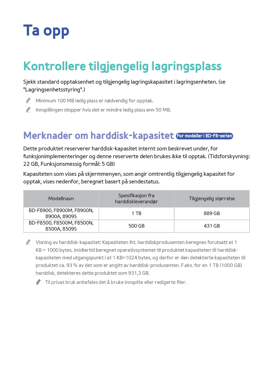 Samsung BD-F8900N/XE, BD-F8500N/XE manual Ta opp, Kontrollere tilgjengelig lagringsplass 