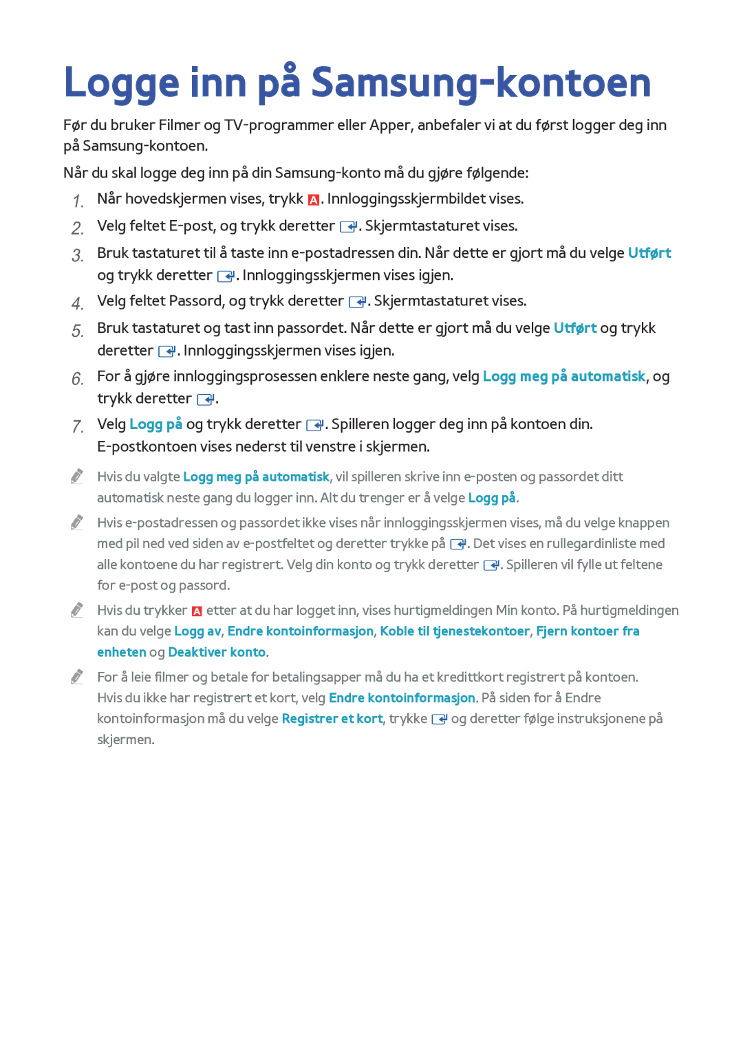 Samsung BD-F8500N/XE, BD-F8900N/XE manual Logge inn på Samsung-kontoen 