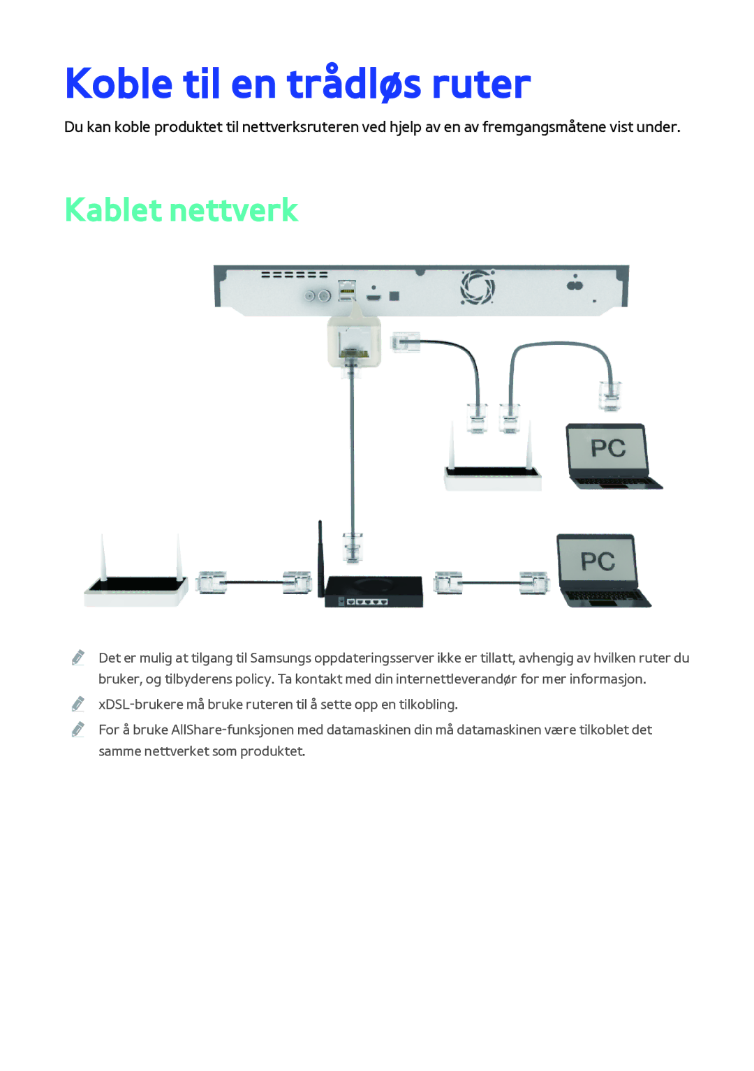 Samsung BD-F8500N/XE, BD-F8900N/XE manual Koble til en trådløs ruter, Kablet nettverk 