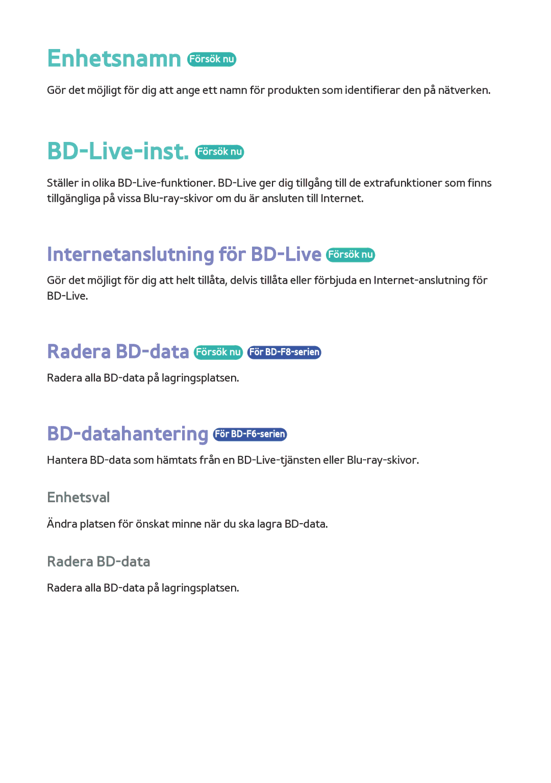 Samsung BD-F8900N/XE, BD-F8500N/XE Enhetsnamn Försök nu, BD-Live-inst. Försök nu, Internetanslutning för BD-Live Försök nu 