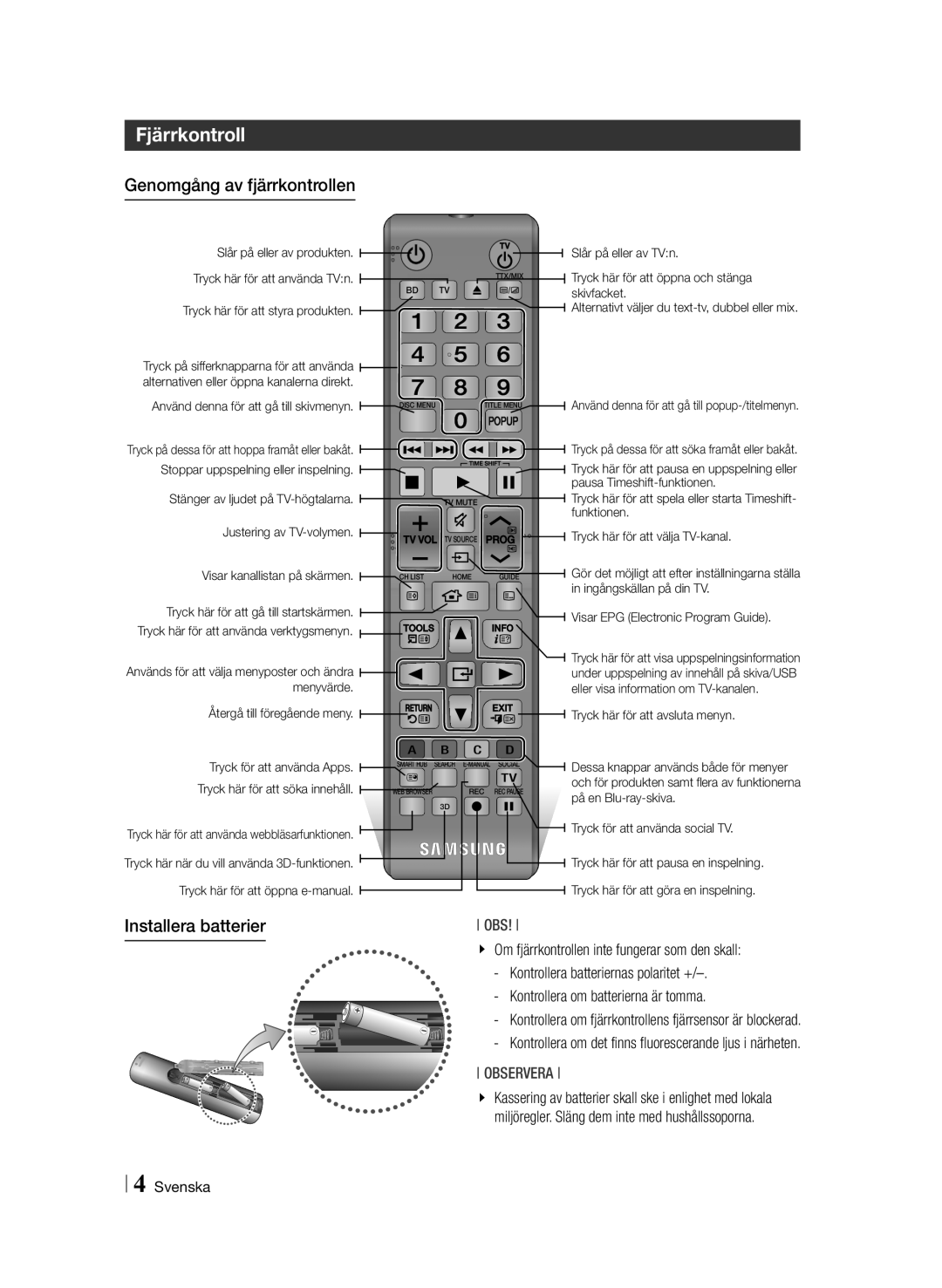 Samsung BD-F8900N/XE, BD-F8500N/XE manual Fjärrkontroll, Genomgång av fjärrkontrollen, Installera batterier 