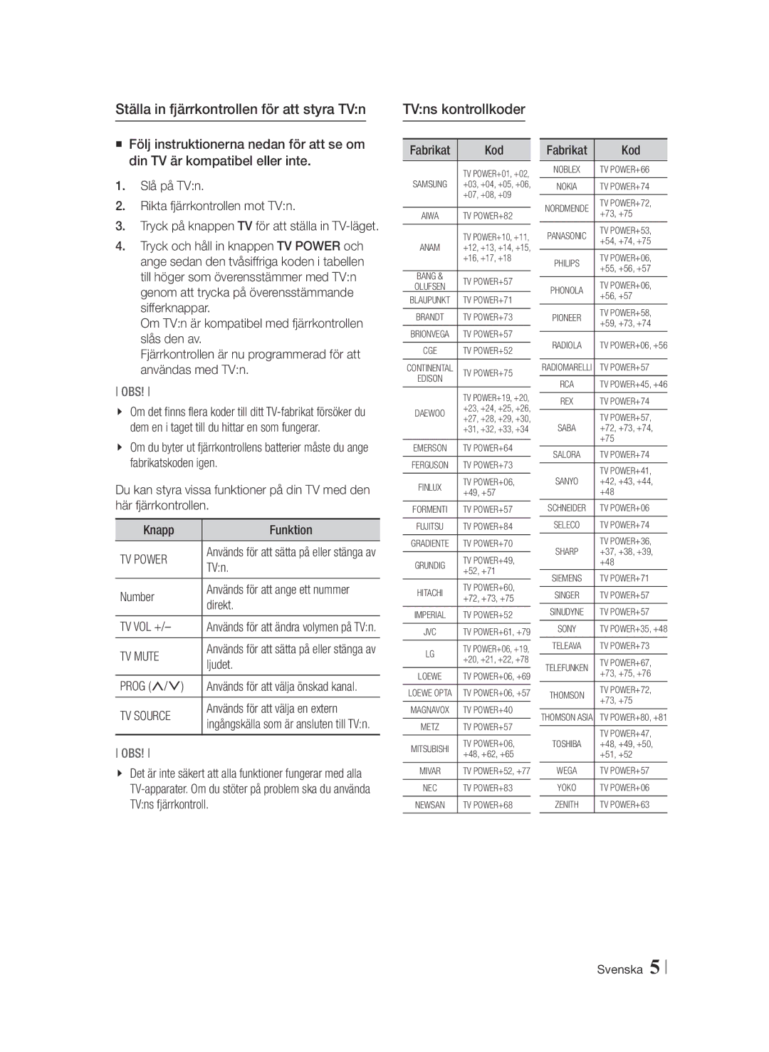 Samsung BD-F8500N/XE manual Ställa in fjärrkontrollen för att styra TVn, TVns kontrollkoder, TV Power, TV Mute, TV Source 