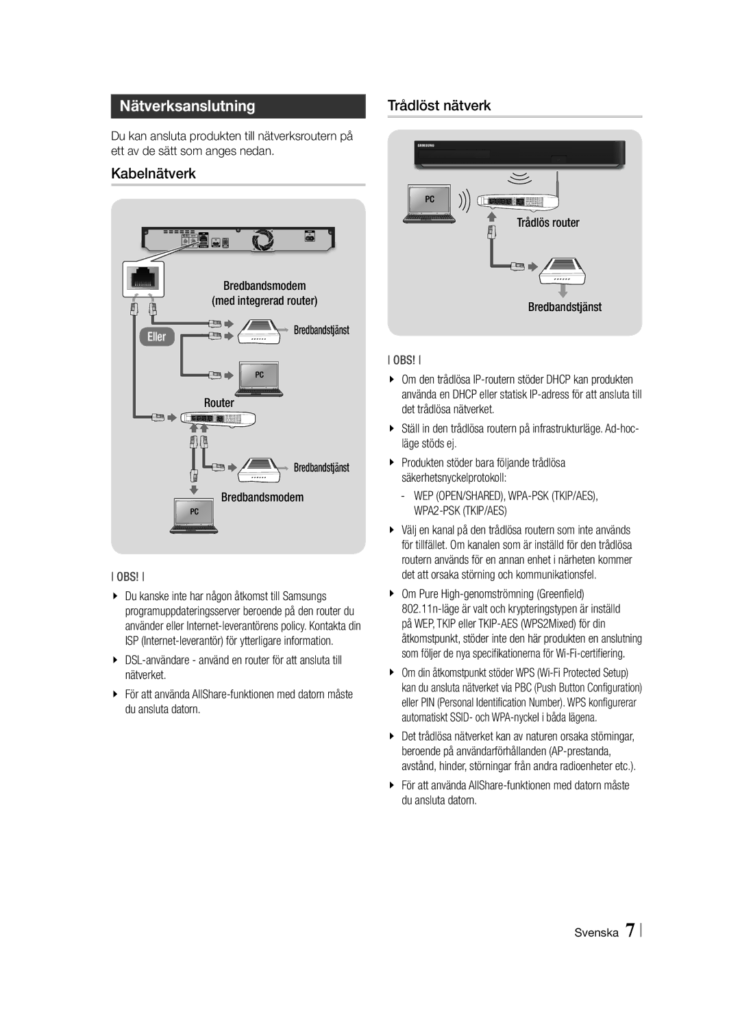 Samsung BD-F8500N/XE, BD-F8900N/XE manual Nätverksanslutning, Kabelnätverk, Trådlöst nätverk 