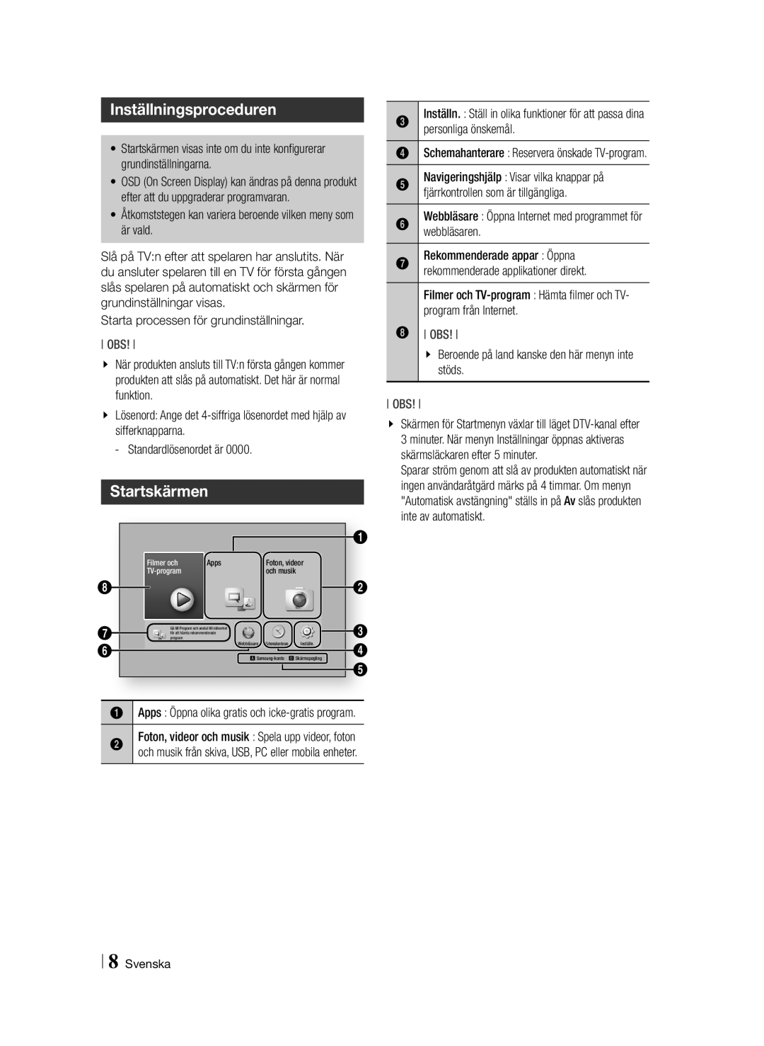 Samsung BD-F8900N/XE, BD-F8500N/XE manual Inställningsproceduren, Startskärmen, Standardlösenordet är 