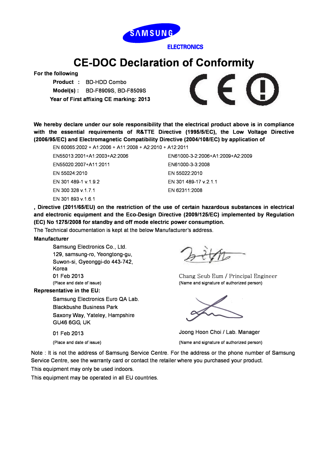 Samsung BD-F8509S/ZG, BD-F8909S/ZG manual CE-DOC Declaration of Conformity 