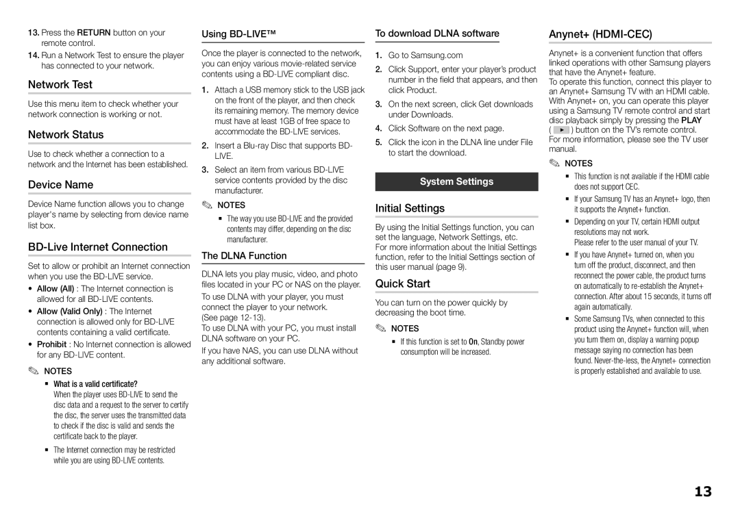 Samsung BD-H5500/XN Network Test, Network Status, Device Name, BD-Live Internet Connection, Initial Settings, Quick Start 