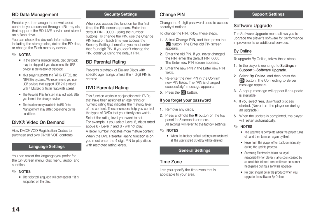 Samsung BD-H5500/XU manual BD Data Management, DivX Video On Demand, BD Parental Rating, DVD Parental Rating, Change PIN 