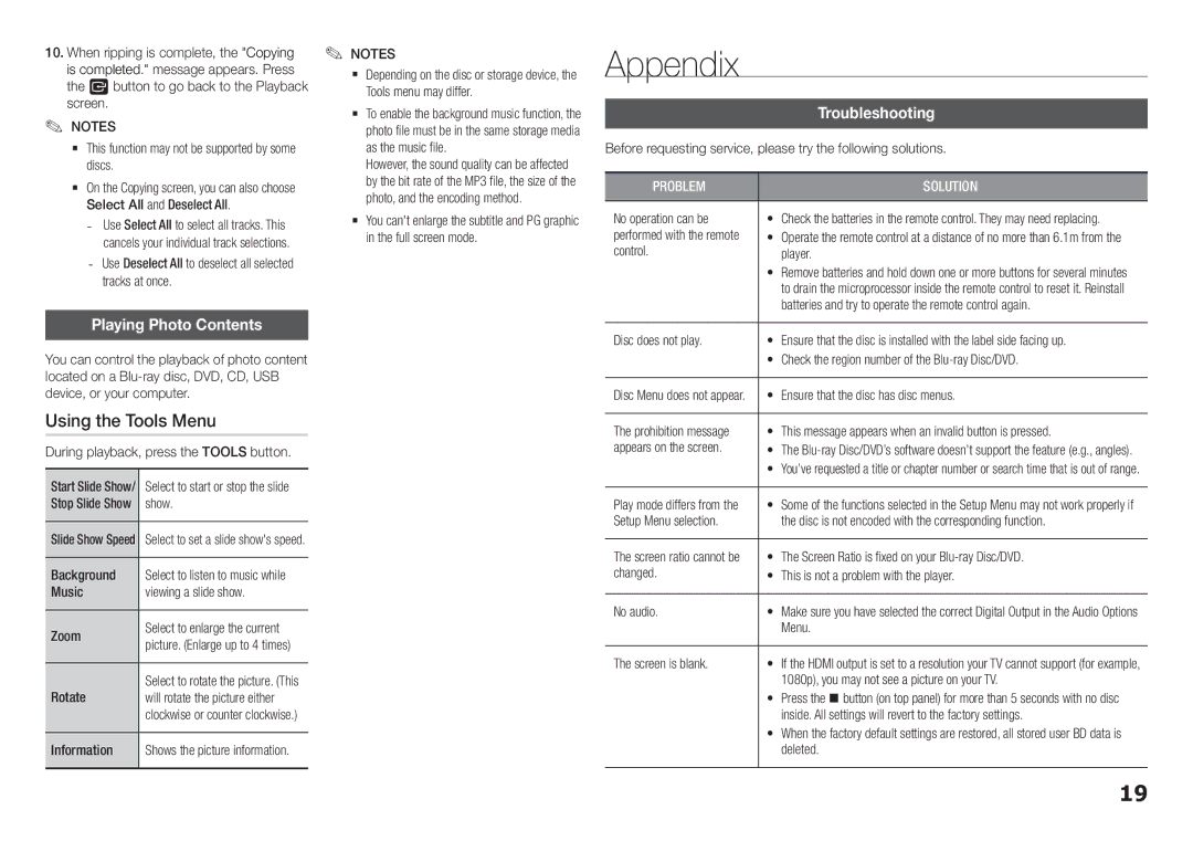 Samsung BD-H5500/XU, BD-H5500/EN, BD-H5500/ZF manual Appendix, Using the Tools Menu, Playing Photo Contents, Troubleshooting 