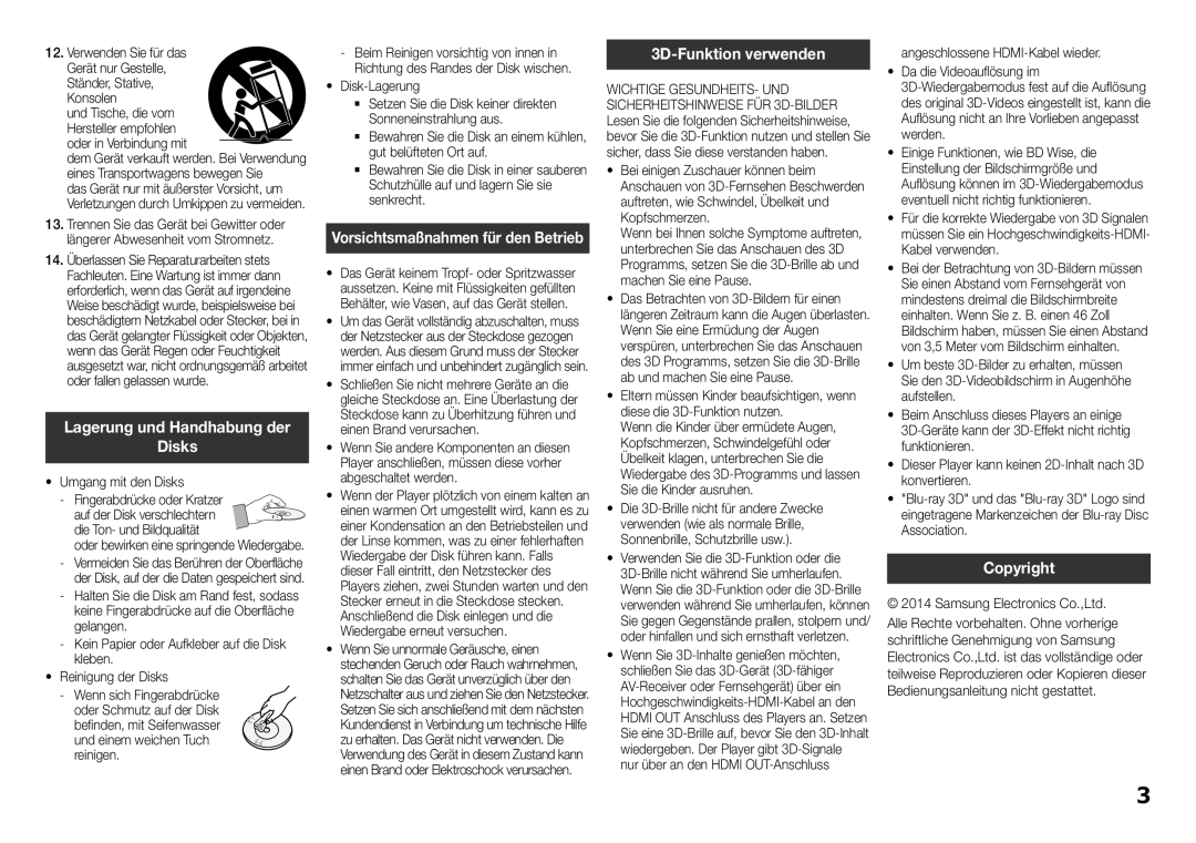 Samsung BD-H5500/XE manual Lagerung und Handhabung der Disks, 3D-Funktion verwenden, Umgang mit den Disks, Disk-Lagerung 