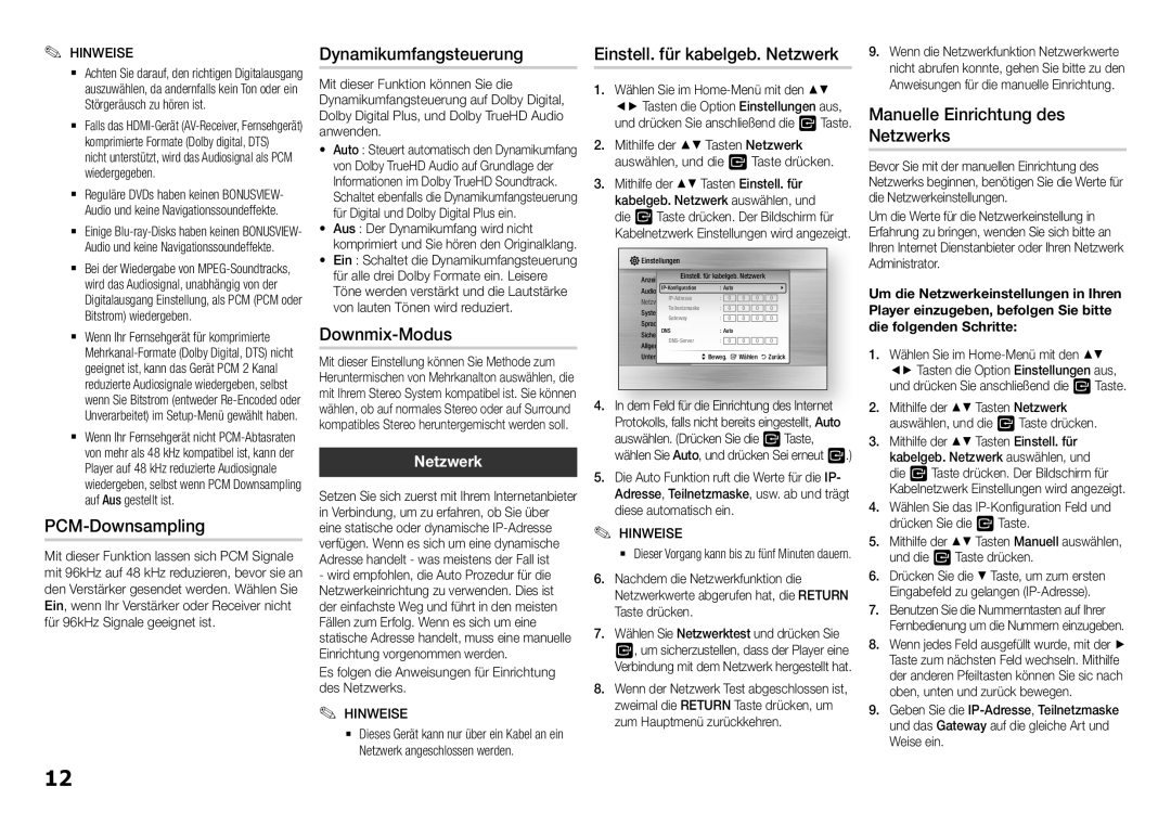 Samsung BD-H5500/ZF manual Dynamikumfangsteuerung, PCM-Downsampling, Downmix-Modus, Manuelle Einrichtung des Netzwerks 