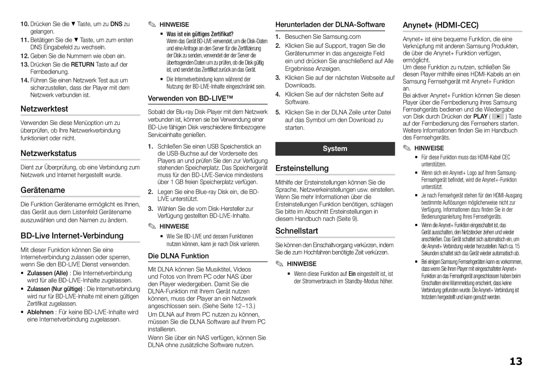 Samsung BD-H5500/XE Netzwerktest, Netzwerkstatus, Gerätename, BD-Live Internet-Verbindung, Ersteinstellung, Schnellstart 