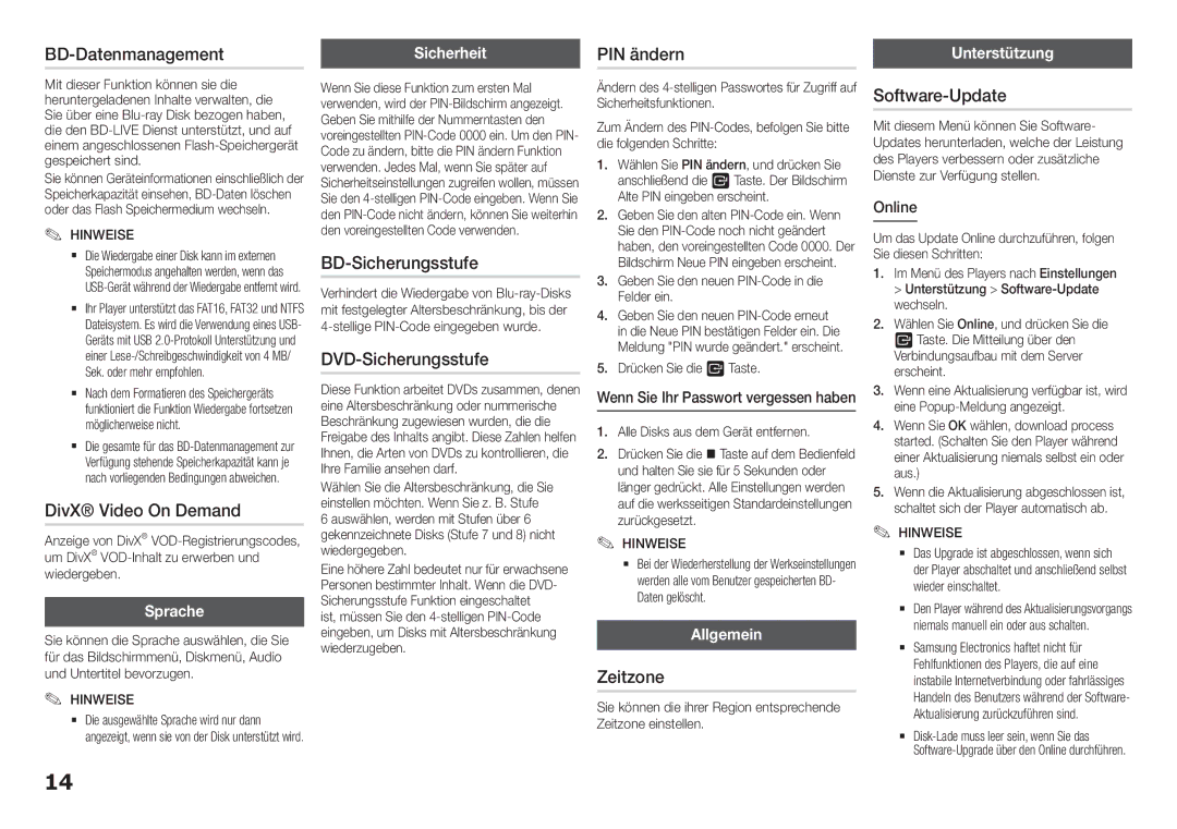 Samsung BD-H5500/XN BD-Datenmanagement, BD-Sicherungsstufe, DVD-Sicherungsstufe, PIN ändern, Zeitzone, Software-Update 