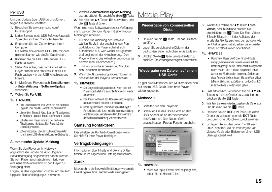 Samsung BD-H5500/XU, BD-H5500/EN, BD-H5500/ZF, BD-H5500/XE manual Samsung kontaktieren, Vertragsbedingungen, Zurük, USB-Gerät 