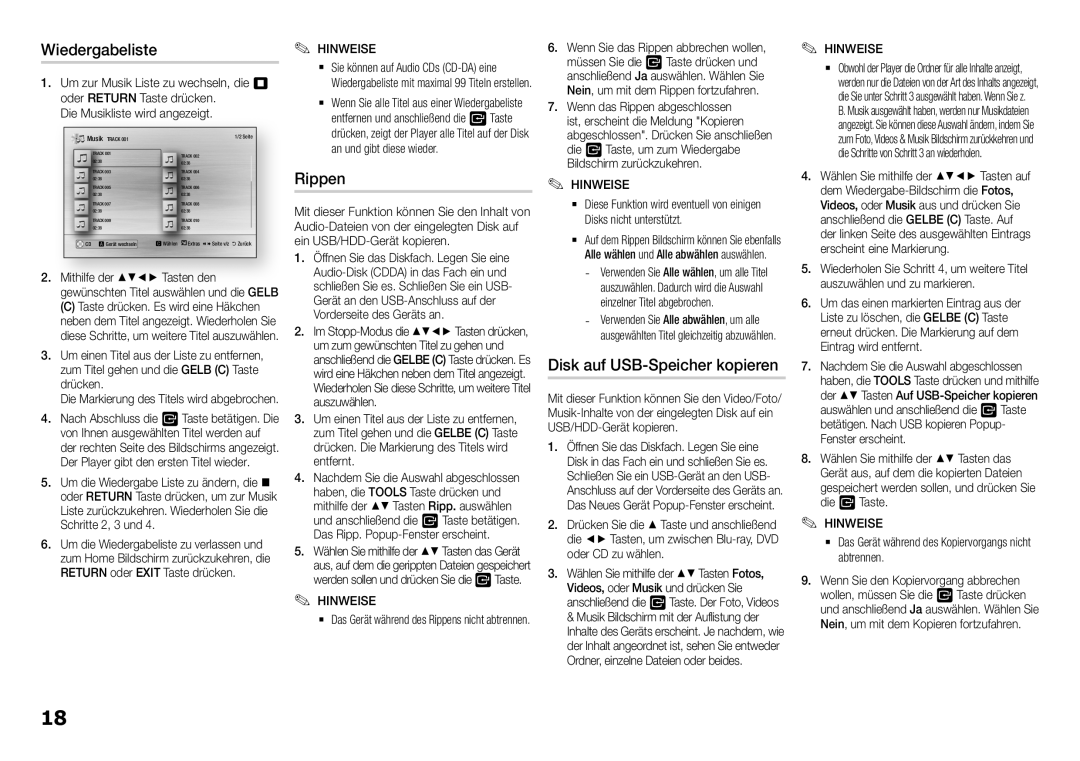 Samsung BD-H5500/XE, BD-H5500/EN, BD-H5500/ZF, BD-H5500/XN manual Wiedergabeliste, Rippen, Disk auf USB-Speicher kopieren 