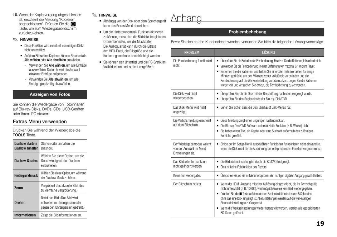 Samsung BD-H5500/XN, BD-H5500/EN, BD-H5500/ZF manual Anhang, Extras Menü verwenden, Anzeigen von Fotos, Problembehebung 