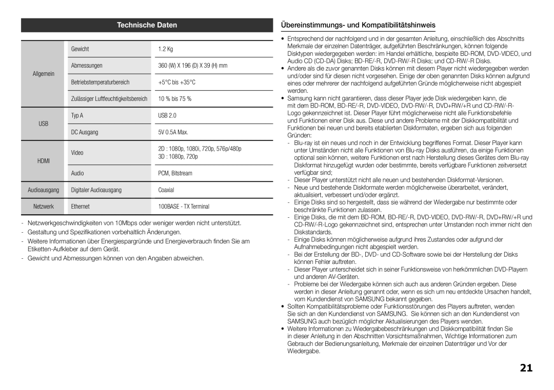 Samsung BD-H5500/EN, BD-H5500/ZF Technische Daten, Übereinstimmungs- und Kompatibilitätshinweis, Gewicht, 10 % bis 75 % 