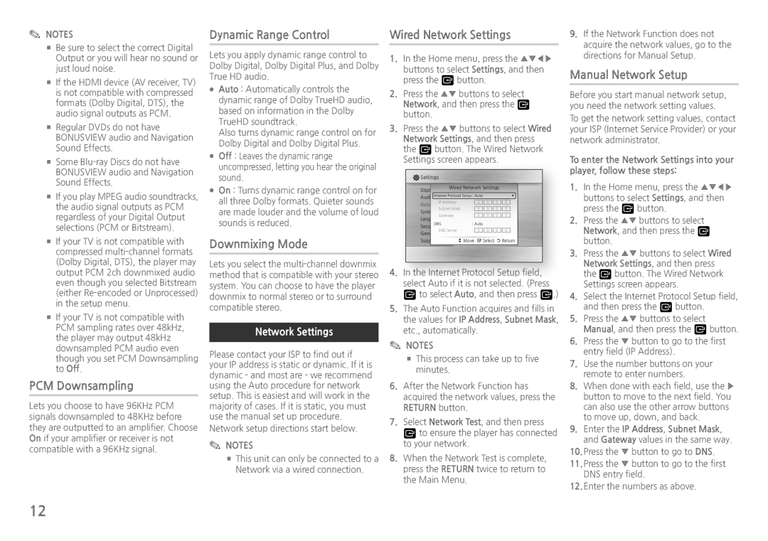 Samsung BD-H5500/XE manual Dynamic Range Control, PCM Downsampling, Downmixing Mode, Manual Network Setup, Network Settings 