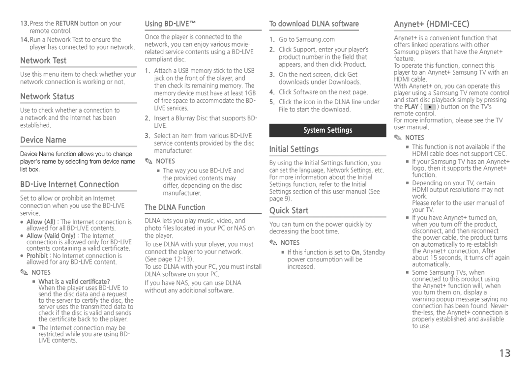 Samsung BD-H5500/XN Network Test, Network Status, Device Name, BD-Live Internet Connection, Initial Settings Quick Start 