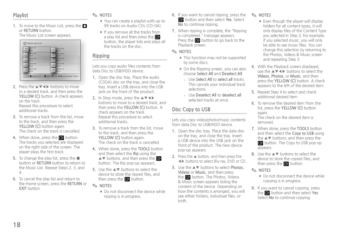 Samsung BD-H5500/XN, BD-H5500/EN, BD-H5500/ZF, BD-H5500/XE, BD-H5500/XU manual Playlist, Ripping, Disc Copy to USB 