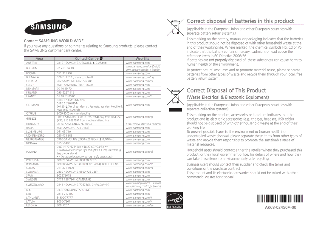 Samsung BD-H5500/EN Waste Electrical & Electronic Equipment, Contact Samsung World Wide, Area Contact Centre  Web Site 