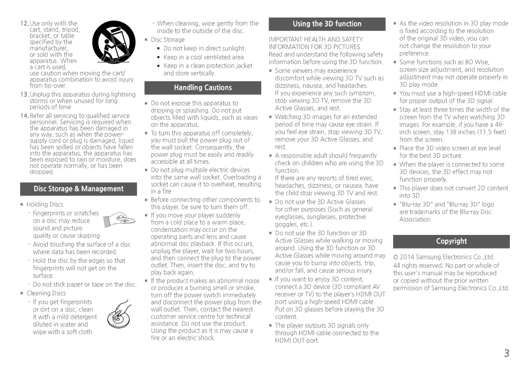 Samsung BD-H5500/XN manual Disc Storage & Management, Handling Cautions, Using the 3D function, Copyright, Cleaning Discs 