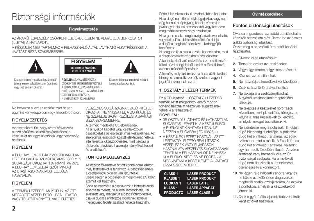 Samsung BD-H5500/XE, BD-H5500/EN manual Biztonsági információk, Fontos biztonsági utasítások, Figyelmeztetés, Óvintézkedések 