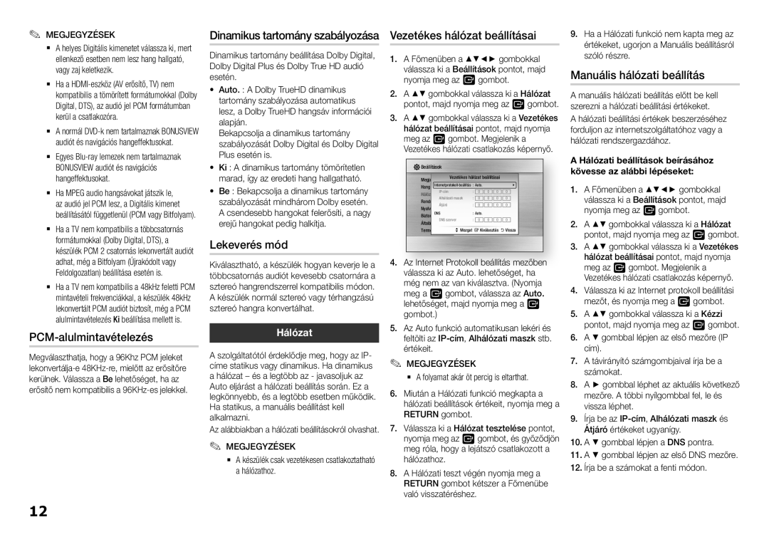 Samsung BD-H5500/XE, BD-H5500/EN, BD-H5500/ZF PCM-alulmintavételezés, Lekeverés mód, Manuális hálózati beállítás, Hálózat 