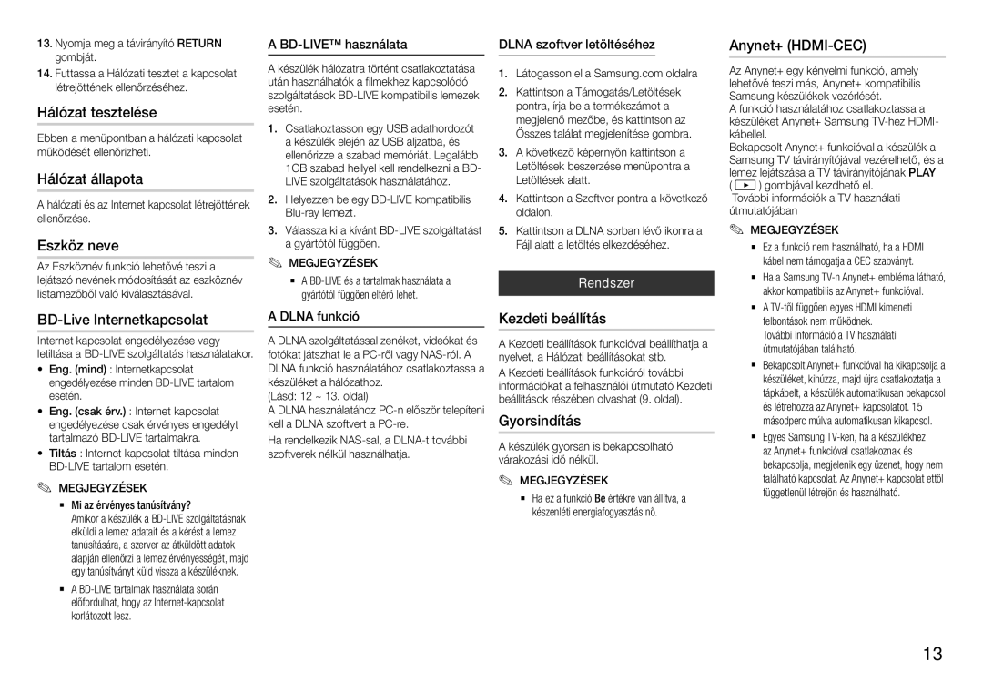 Samsung BD-H5500/XN manual Hálózat tesztelése, Hálózat állapota, Eszköz neve, BD-Live Internetkapcsolat, Kezdeti beállítás 