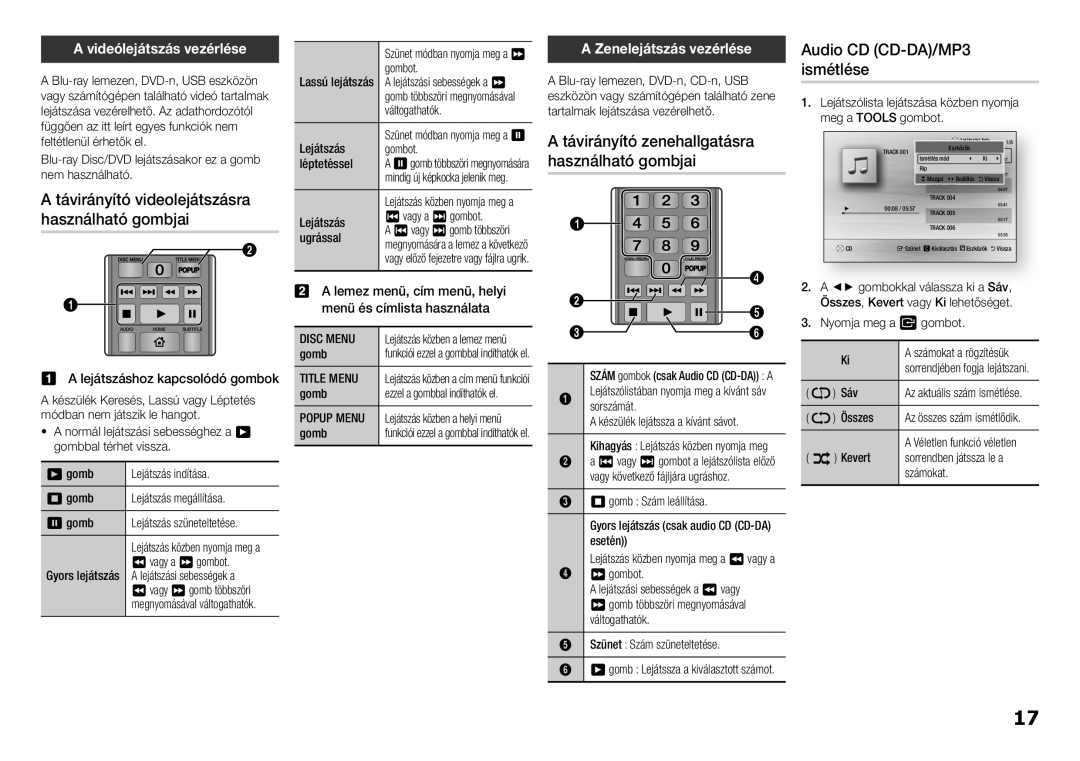 Samsung BD-H5500/XE, BD-H5500/EN manual Távirányító videolejátszásra használható gombjai, Audio CD CD-DA/MP3 ismétlése 