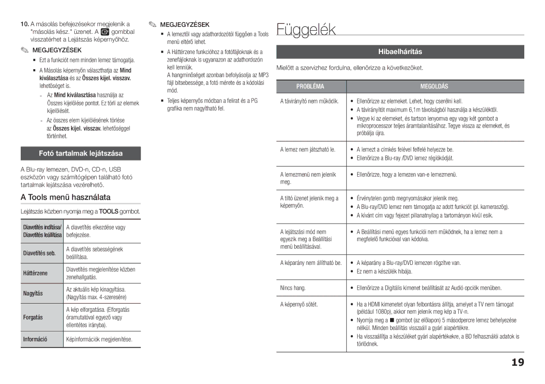Samsung BD-H5500/XU, BD-H5500/EN, BD-H5500/ZF Függelék, Tools menü használata, Fotó tartalmak lejátszása, Hibaelhárítás 