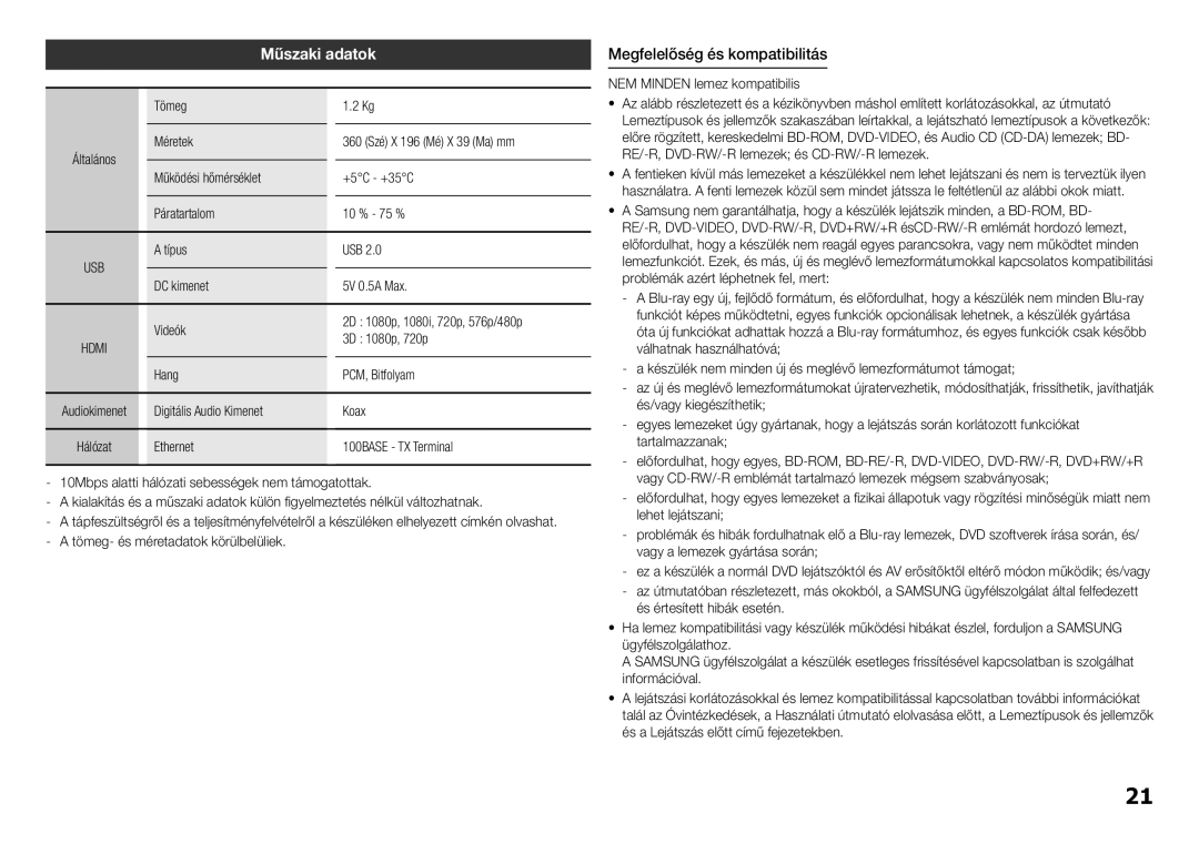 Samsung BD-H5500/ZF, BD-H5500/EN, BD-H5500/XE, BD-H5500/XN, BD-H5500/XU manual Műszaki adatok, Megfelelőség és kompatibilitás 