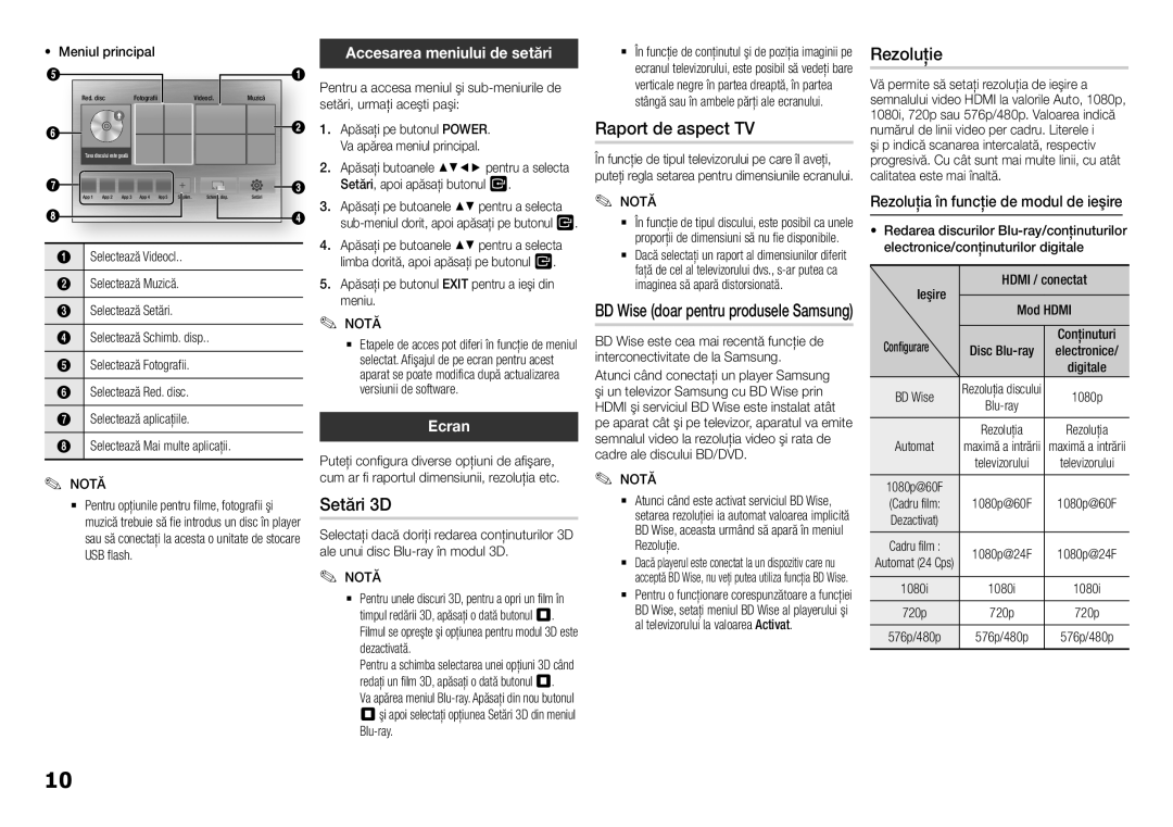 Samsung BD-H5500/EN manual Setări 3D, Raport de aspect TV, Rezoluţie, Accesarea meniului de setări, Ecran 