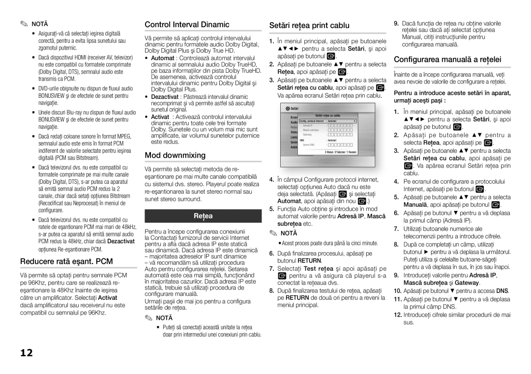 Samsung BD-H5500/EN manual Reducere rată eşant. PCM, Control Interval Dinamic, Mod downmixing, Setări reţea print cablu 