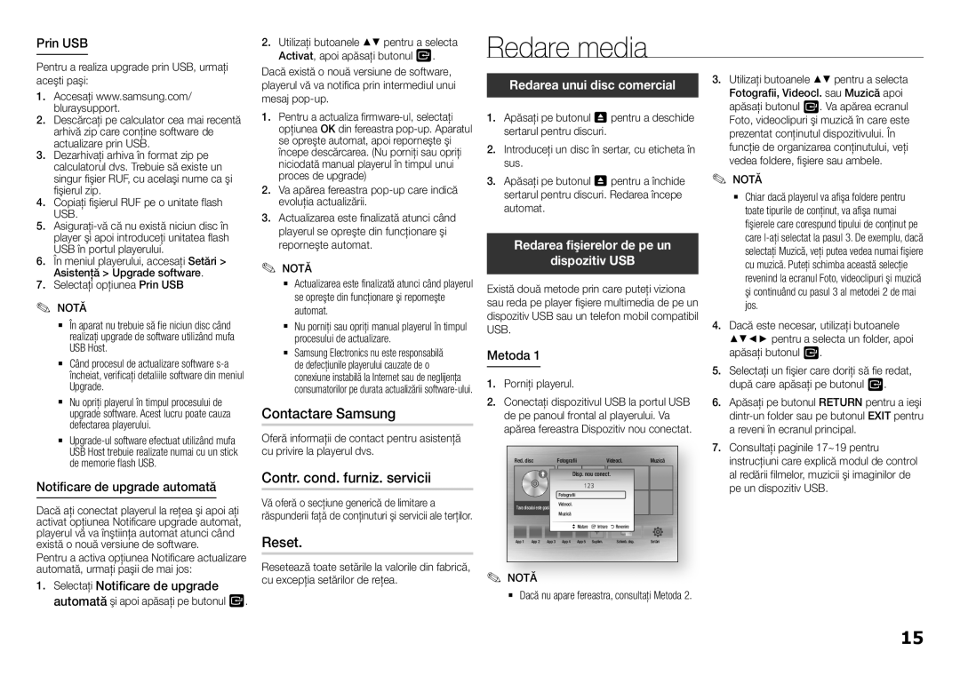 Samsung BD-H5500/EN manual Redare media, Contactare Samsung, Contr. cond. furniz. servicii, Reset 