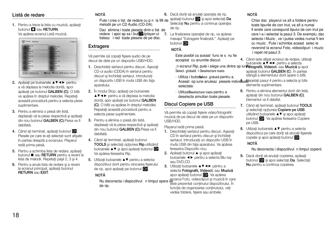 Samsung BD-H5500/EN manual Listă de redare, Extragere, Discul Copiere pe USB, Exit Notă 