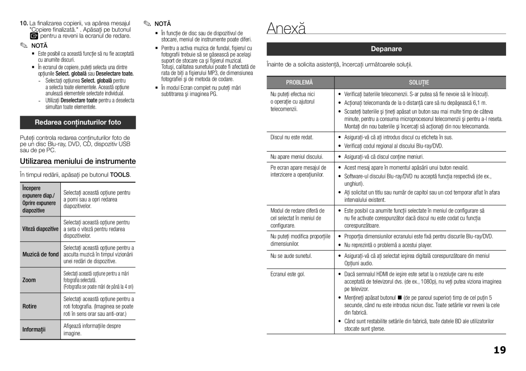 Samsung BD-H5500/EN manual Anexă, Redarea conţinuturilor foto, Utilizarea meniului de instrumente, Depanare 