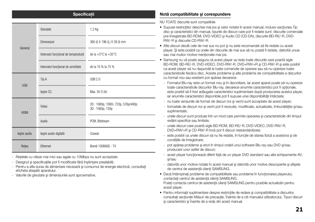 Samsung BD-H5500/EN manual Specificaţii, Usb 