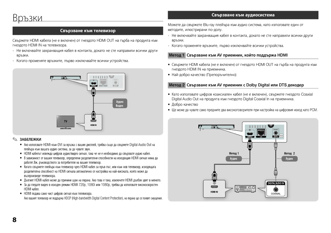 Samsung BD-H5500/EN manual Връзки, Свързване към телевизор, Свързване към аудиосистема, Добро качество 
