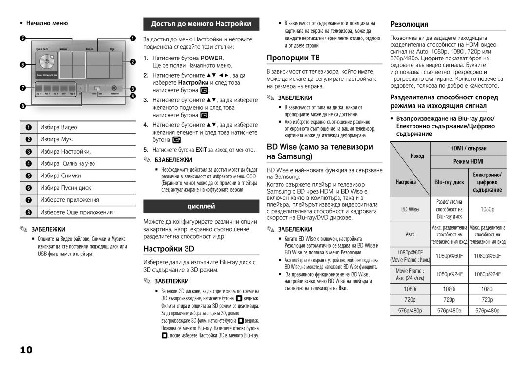 Samsung BD-H5500/EN Настройки 3D, Пропорции ТВ, BD Wise само за телевизори на Samsung, Достъп до менюто Настройки, Дисплей 