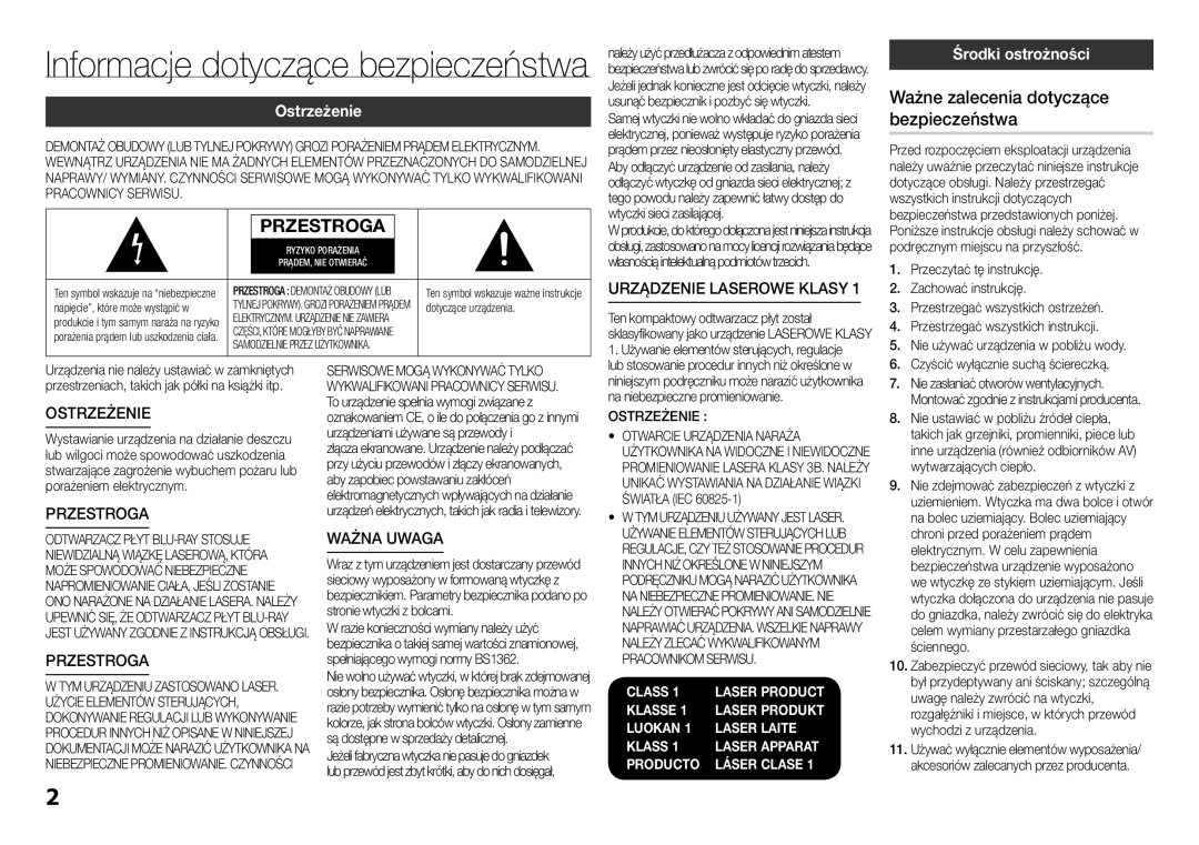 Samsung BD-H5500/EN manual Ważne zalecenia dotyczące bezpieczeństwa, Ostrzeżenie, Środki ostrożności 